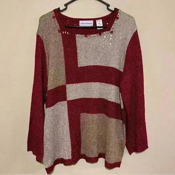 Alfred Dunner Sweater Women XL Red Gold Metallic Color Block Embellished Sweater - Picture 1 of 9
